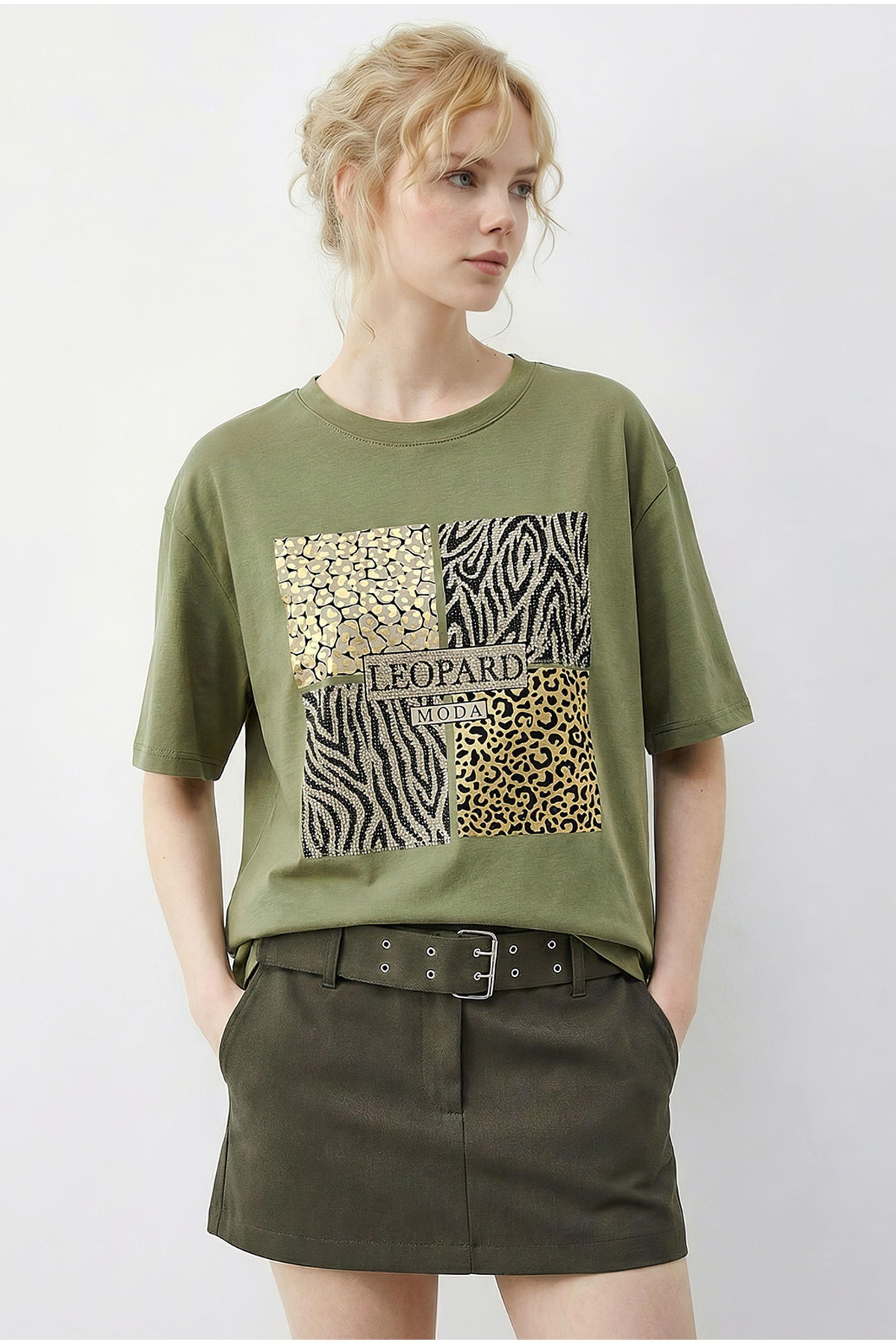 Leopardenmuster Pailletten Rundhals T-Shirt