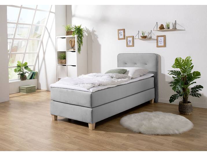 Boxspringbett, Strukturstoff, Grau, 103×207 cm, Mit Topper, 7-Zonen-Kaltschaummatratze, Modern, Home-affaire