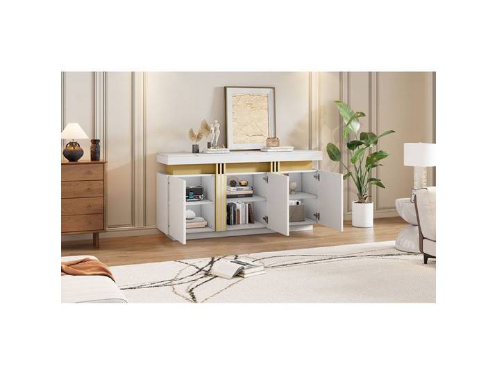 ROVRYN Buffet bas 140 x 38 x 70 cm 3 portes 6 compartiments étagères réglables blanc effet marbre
