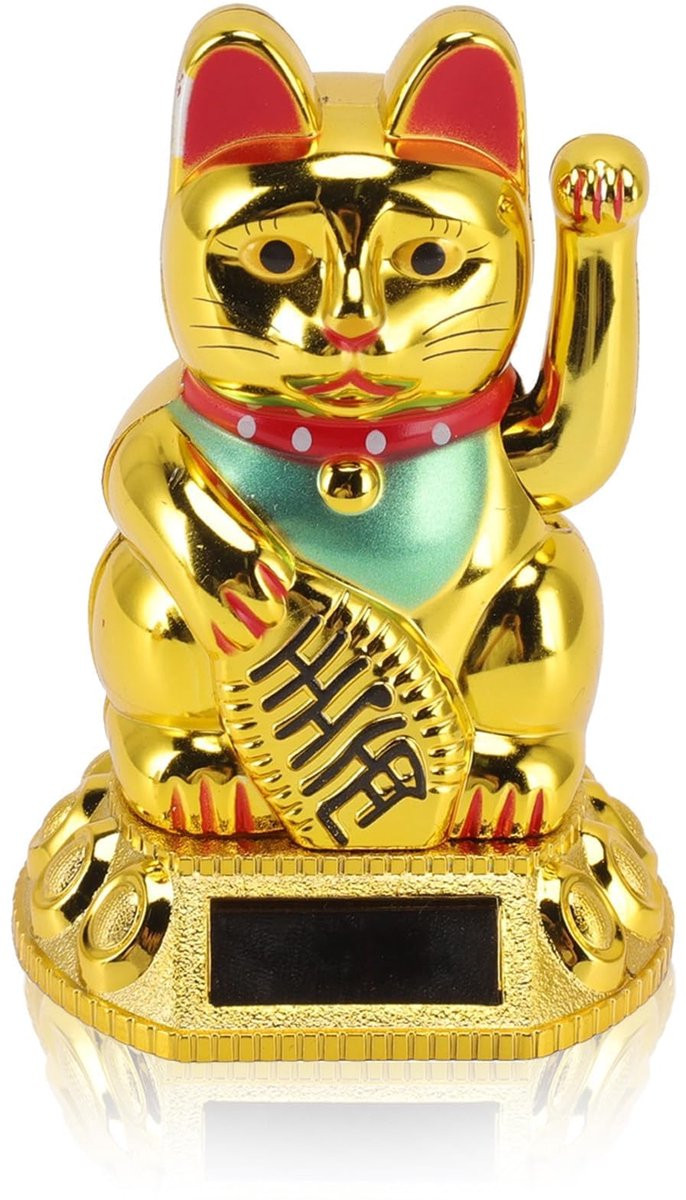 Lucky Fortune Cat Zonne-energie Waving Cat Chinese Decoratie Ornament voor Thuis en Auto - Goud - B/D/H: 8 x 4,5 x 4,5 cm