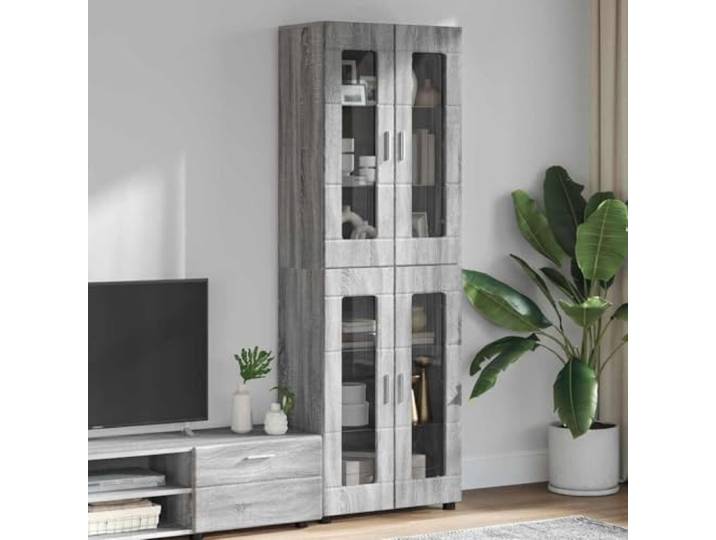 HKQWPBF Highboard Florin 60x35x182 cm Sonoma-Grau Holzwerkstoff Schrank Modernes Design, matte Oberfläche, rechteckige Form, Innenbereich, pflegeleichte Reinigung