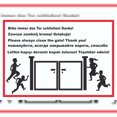 HB-Druck Tor schließen Kindergarten mehrsprachig Schild A6 (105x148mm)