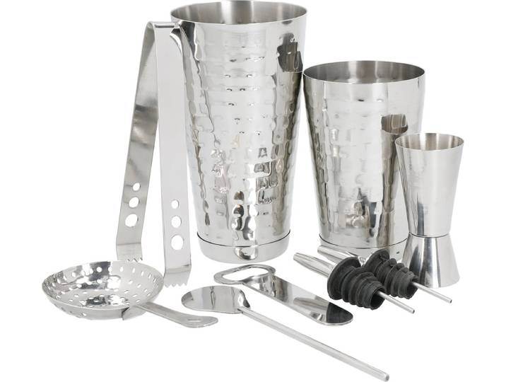 BarCraft 8-Delige Zilveren Cocktailset in geschenkverpakking - inclusief cocktailshaker barmaatje (Jigger) cocktailzeef
