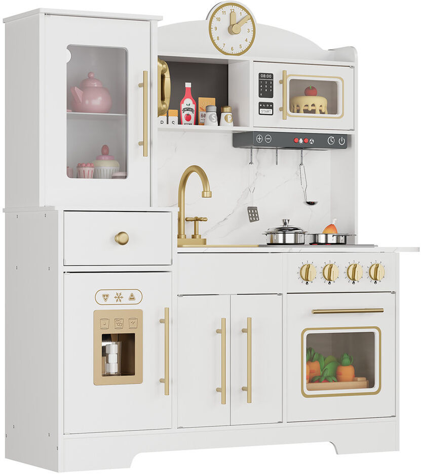 HAUSPROFI Modern Wooden Play Kitchen Set for Kids, Pretend Cooking Playset with Basin, Stove, Play Food & Cookware Accessories White 99.8cm L