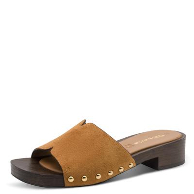 Pantolette TAMARIS, Damen, Gr. 37, Textil, cognac, unifarben, Schuhe Pantolette, Blockabsatz, Sommerschuh, Schlüpfschuh mit aufgesetzten Nieten