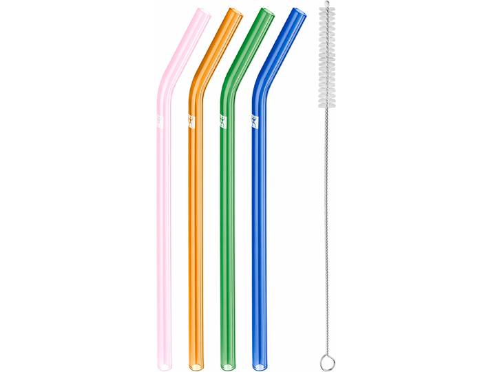 Trinkhalme ZWILLING Sorrento , bunt, L:23cm, Borosilikatglas, Küchenhelfer-Sets, Trinkhalme, Vier Glasstrohhalme, Borosilikatglas, gemischte Farben, gebogen