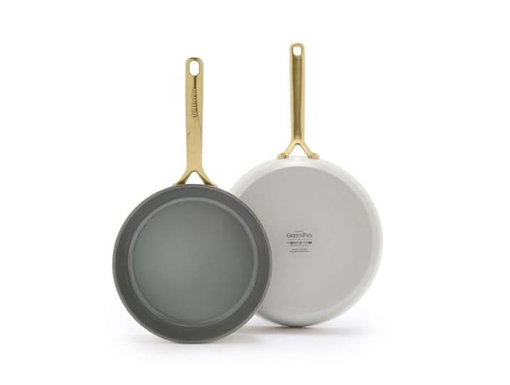 GreenPan GP5 Bratpfannen-Set, 24,1 cm und 27,9 cm, harteloxiert, gesunde Keramik, antihaftbeschichtet, PFAS-frei, Champagnergriffe, flache Oberfläche, Induktion, spülmaschinen- und ofenfest, Ton