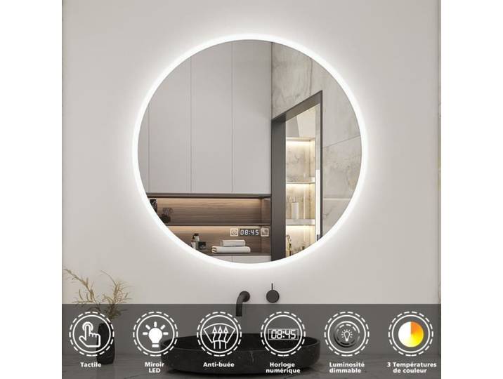 Miroir de salle de bain LED - 80x80cm - Avec horloge - Tactile - Anti-buée