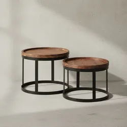KADIMA DESIGN Beistelltisch-Set INDI: 2er Set, runde Tischplatten, Metallgestell, Massivholz, naturbelassen