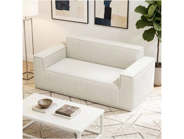 Canape 2 Places En Velours Cotele Blanc Casse Canape Fixe Moderne FloraGrace Pour Salon Ou Bureau Sans Montage 178x86x70cm