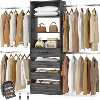 Rackcog Modular Closet System Wardrobe Organizer 4 Adjustable Hanging Rods and 4 Wooden Drawers, Space-Saving for 4-9Ft Closets