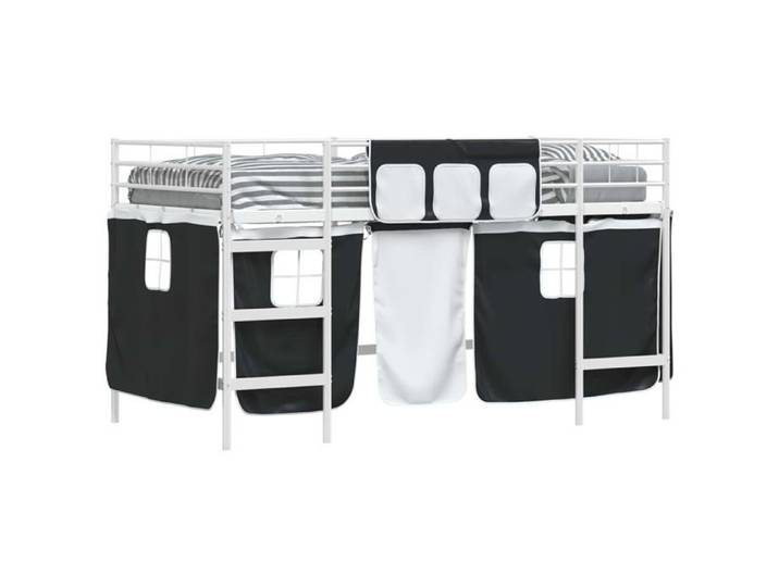 Lit mezzanine pour enfants - - Blanc et Noir - Cadre en métal - 90x190 cm - Rideaux inclus - Espaces de jeu