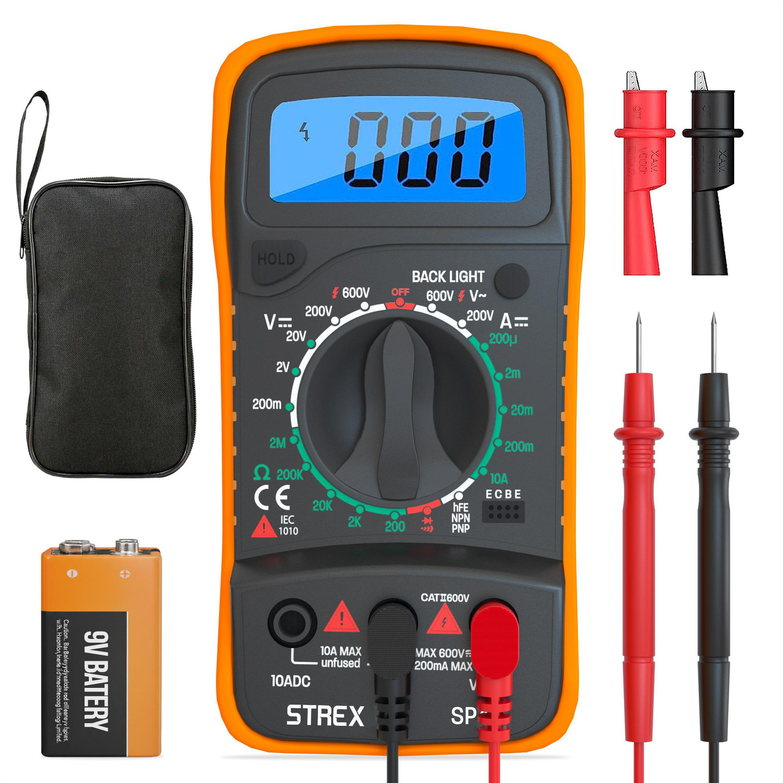 Strex Digitale Multimeter AC/DC inclusief 9V batterij, klemtangen en opberghoes