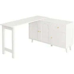 SCHREIBTISCH 360° Drehbar Weiß mit Sideboard 3 Türen & 1 Schublade