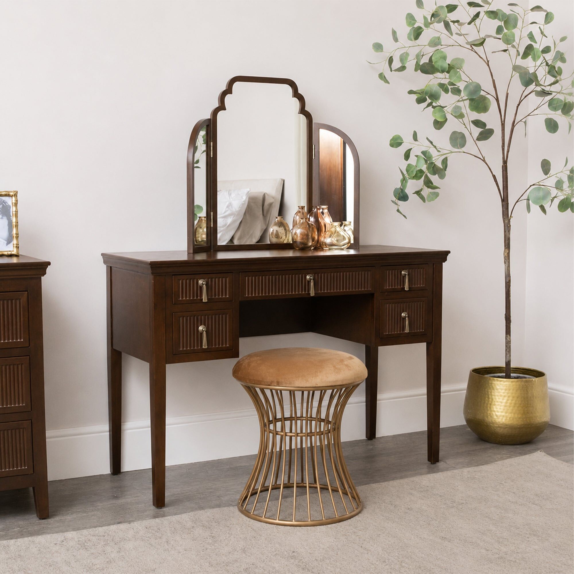 Dark Wood Reeded Dressing Table Set - Georgian Range Wood, Metal, Glass