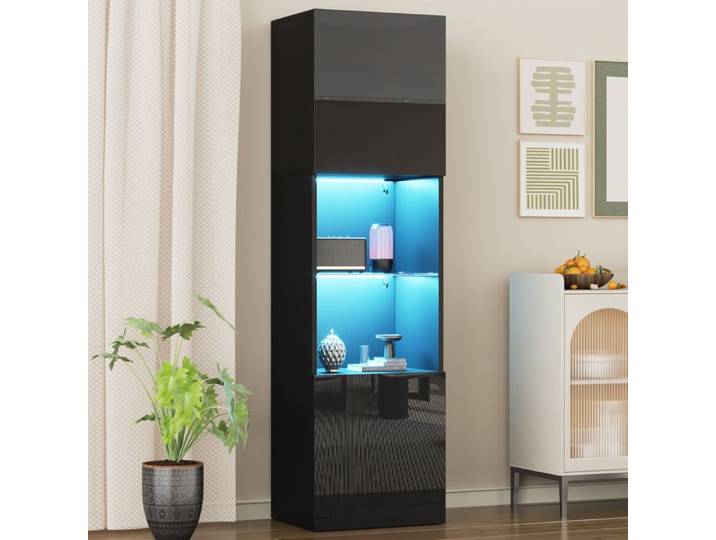 Vitrine noire brillante avec éclairage LED Bibliothèque avec 1 étagère en verre - Armoire de rangement haute Noir - 45x35x160 cm
