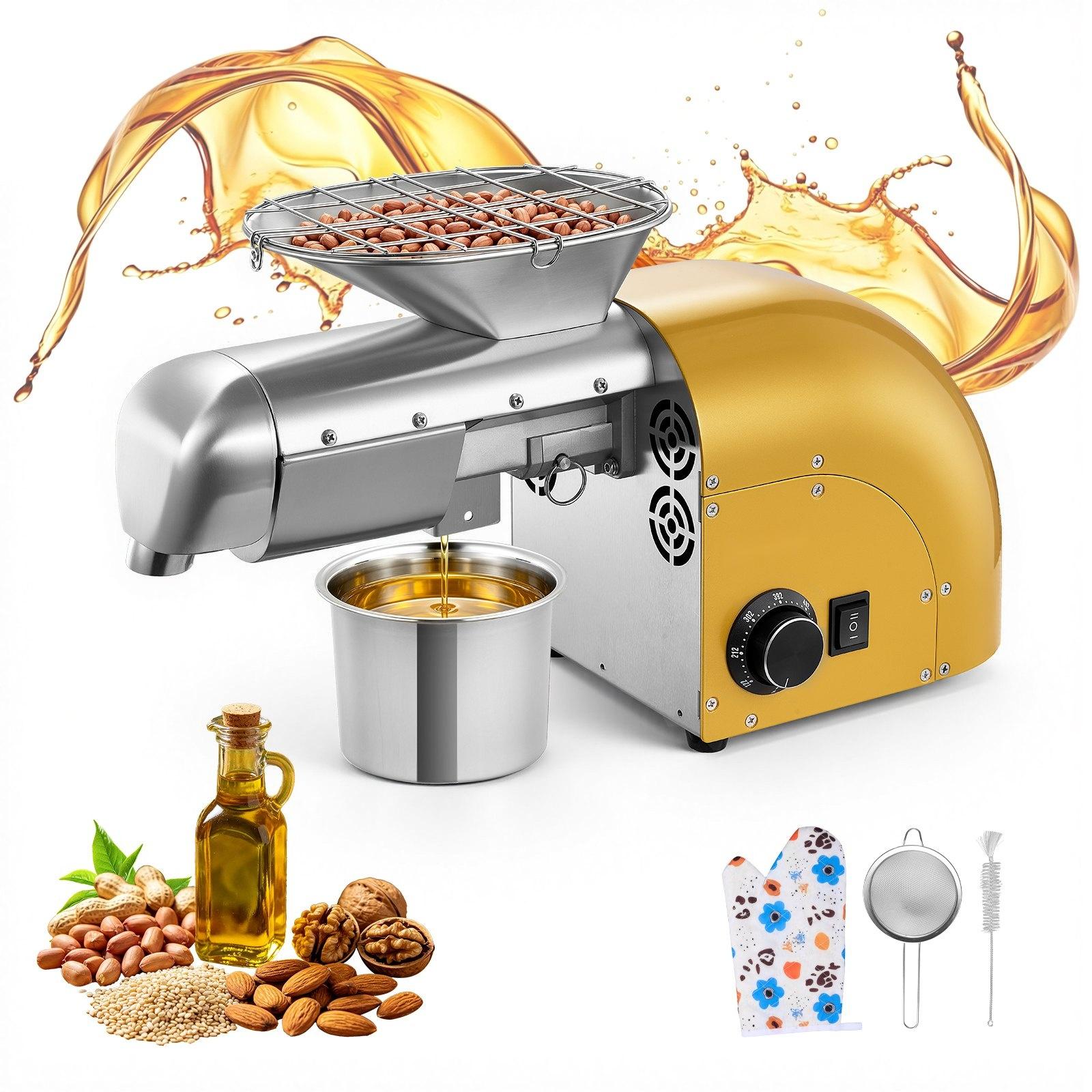 Elektrische Ölpresse - Ölpressmaschine 1250 W - Förderleistung 5 kg/h - Heiß- und Kaltpressung - Automatisch - Für Nüsse und Samen - Edelstahlgehäuse - Edelstahl-Silber