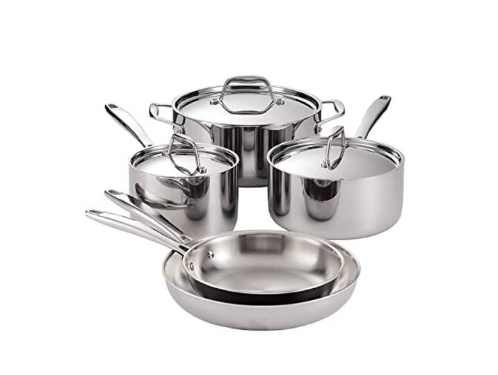 Tramontina 3-lagig verkleidetes Edelstahl Kochgeschirr-Set 8-teilig mit Deckel, Töpfe und Pfannen Küchenset, Induktionsfertig, Spülmaschinenfest, NSF-Zertifiziert, Made in Brazil