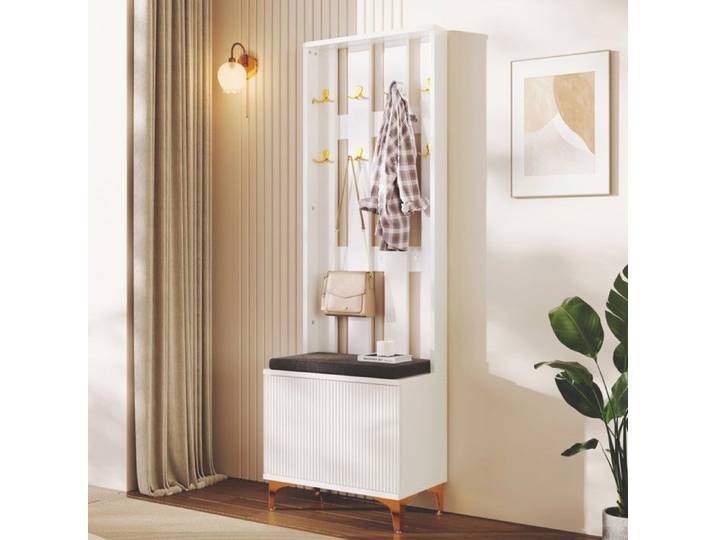 Ensemble armoire entrée blanc - portes - banc rembourré - range-chaussures - 60 5x35 2x180 5cm - gain place