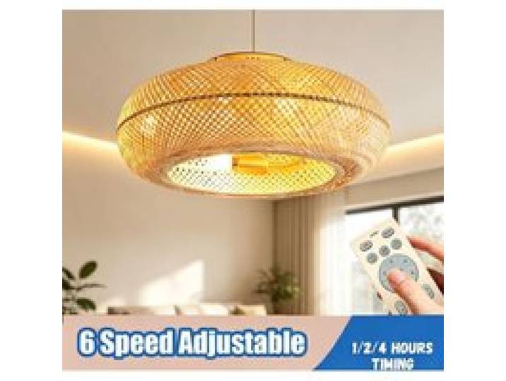 Ventilateur Plafonnier Rotin Bambou Ventilateur de plafond Vintage Cage Oiseau 6 Vitesses Minuterie 1/2/4h Invisible 50W