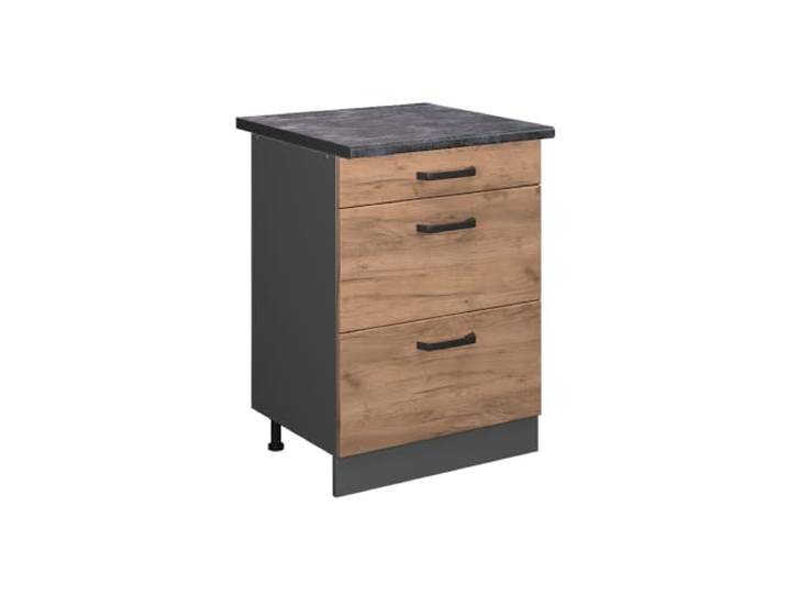 Vicco Küchenunterschrank R-Line, Goldkraft Eiche, 60 cm 3 Schubladen · Arbeitsplatte Anthrazit · Höhenverst. Füße · Leichter Zugriff · Frei kombinierbar