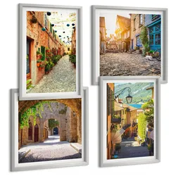 BILDER SET 4er Set - 50x50 cm & 40x60 cm Silberner Rahmen - Charmante Straßen mit Steinen
