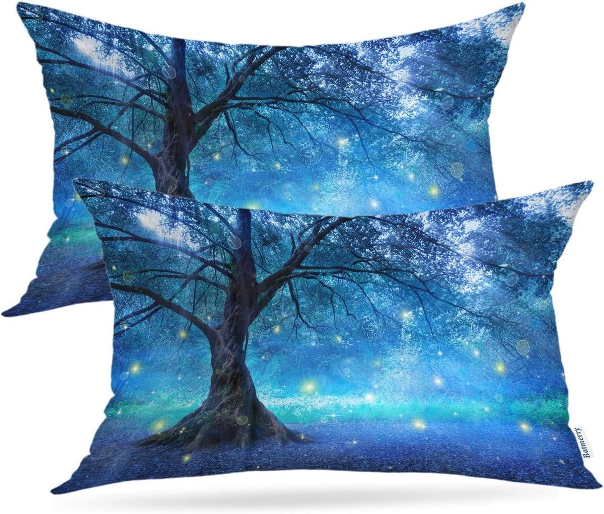 Set van 2 kussenslopen Mystieke Fantasy Tree Forest, Blauw Natuur, 30,5 x 50,8 cm
