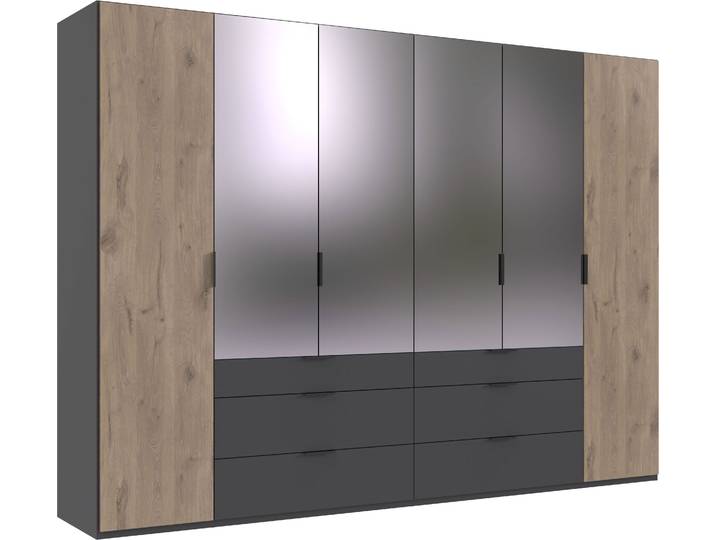 Drehtürenschrank WIMEX Burgos by fresh to go , grau (front und korpus graphit, absetzung viking oak nachbildung), B:300cm H:216cm T:58cm, Holzwerkstoff, Schränke, Drehtürenschrank, mit extra großen Schubladen, mit Spiegeltüren