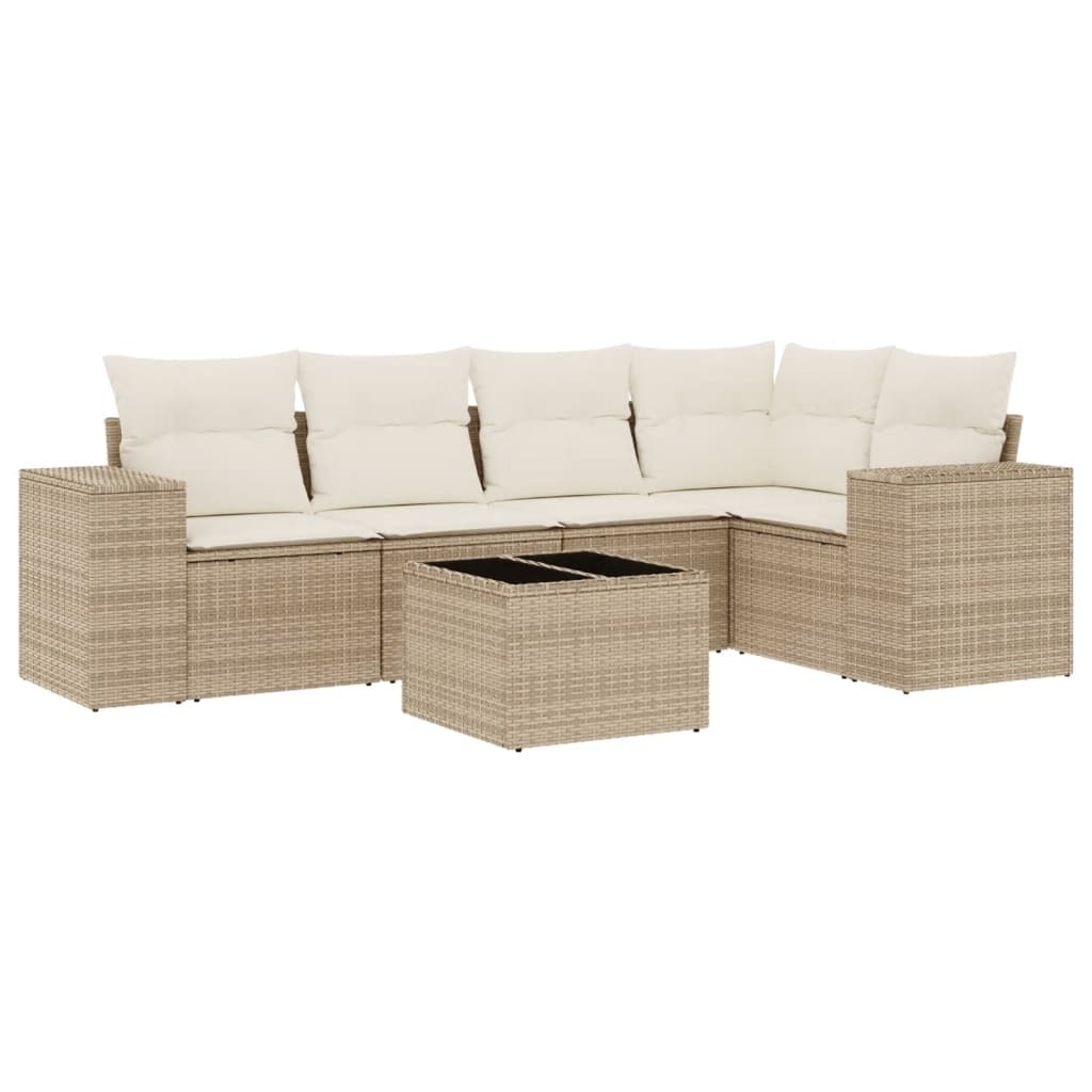 Gartenmöbel-Set 6-teilig, modulare Sofagarnitur mit Stauraum, Poly Rattan Beige, Hartglas-Tisch, Cremeweiße Kissen waschbar