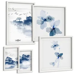 BILDER SET 5er Set - 50x50 cm & 20x30 cm & 40x60 cm Weißer Rahmen - Berge, Wolken, Bäume, Vögel im Hintergrund
