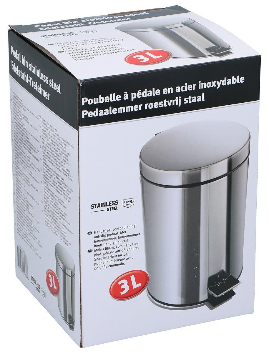 Zilverkleurige afvalemmer met pedaal van RVS en plastic voor badkamer of toilet, 3 liter