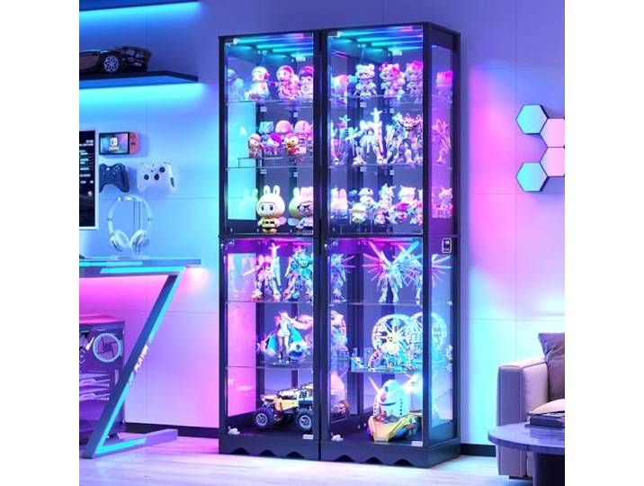 FREDEES FRDEES 2er Set Glasvitrine mit Türen, RGB LED Beleuchtung, Schwarz Moderner 6-stufiger Vitrinenschrank, Verstellbare Regalböden, Beleuchtung mit Bewegungssensor