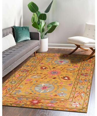 EORC Hand-tufted Wool Yellow Traditional Floral Suzani Area Rug