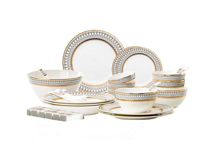 NNYCC Porzellan Geschirr Set 30 Stück Porzellangeschirr Set und kratzfestes Geschirr Sets Leichtgewicht Luxus Bone China Phnom Penh Geschirr Serie Gold