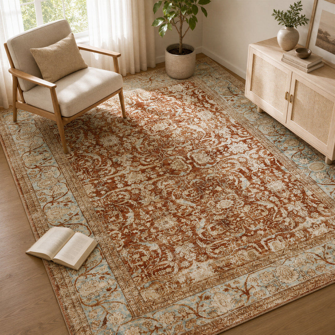 Blue Elephant Vintage Distressed Oriental Floral Washable Area Rug Brown;Blue Rectangle 243.8 x 304.8 cm