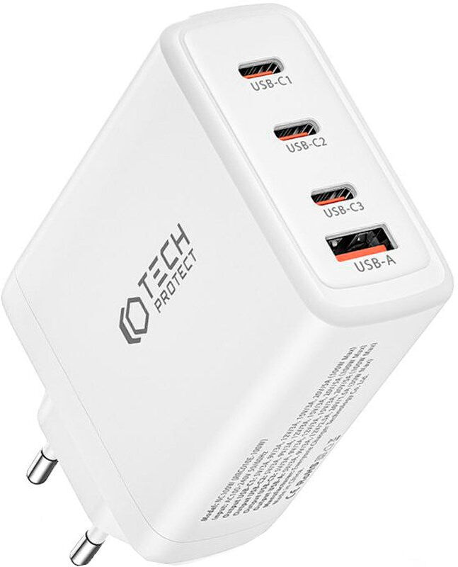 Tech-Protect PD GaN 100W Vægoplader m. 3 x USB-C & 1 x USB-A - Hvid