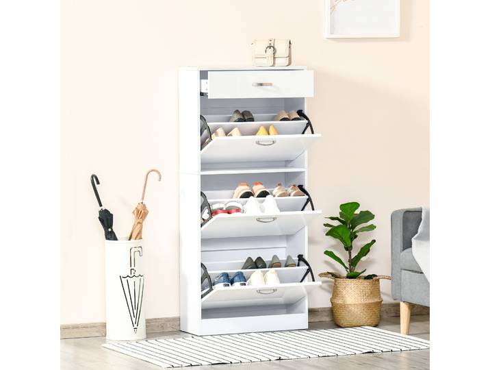 HOMCOM Meuble à Chaussures Blanc 3 Portes Tiroir Alu