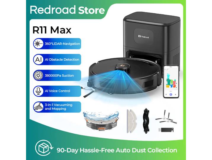 Aspirateur robot Redroad R11 Max à vidage automatique, mains libres jusqu'à 90 jours, aspirateur robot et serpillière 3 en 1 38000Pa