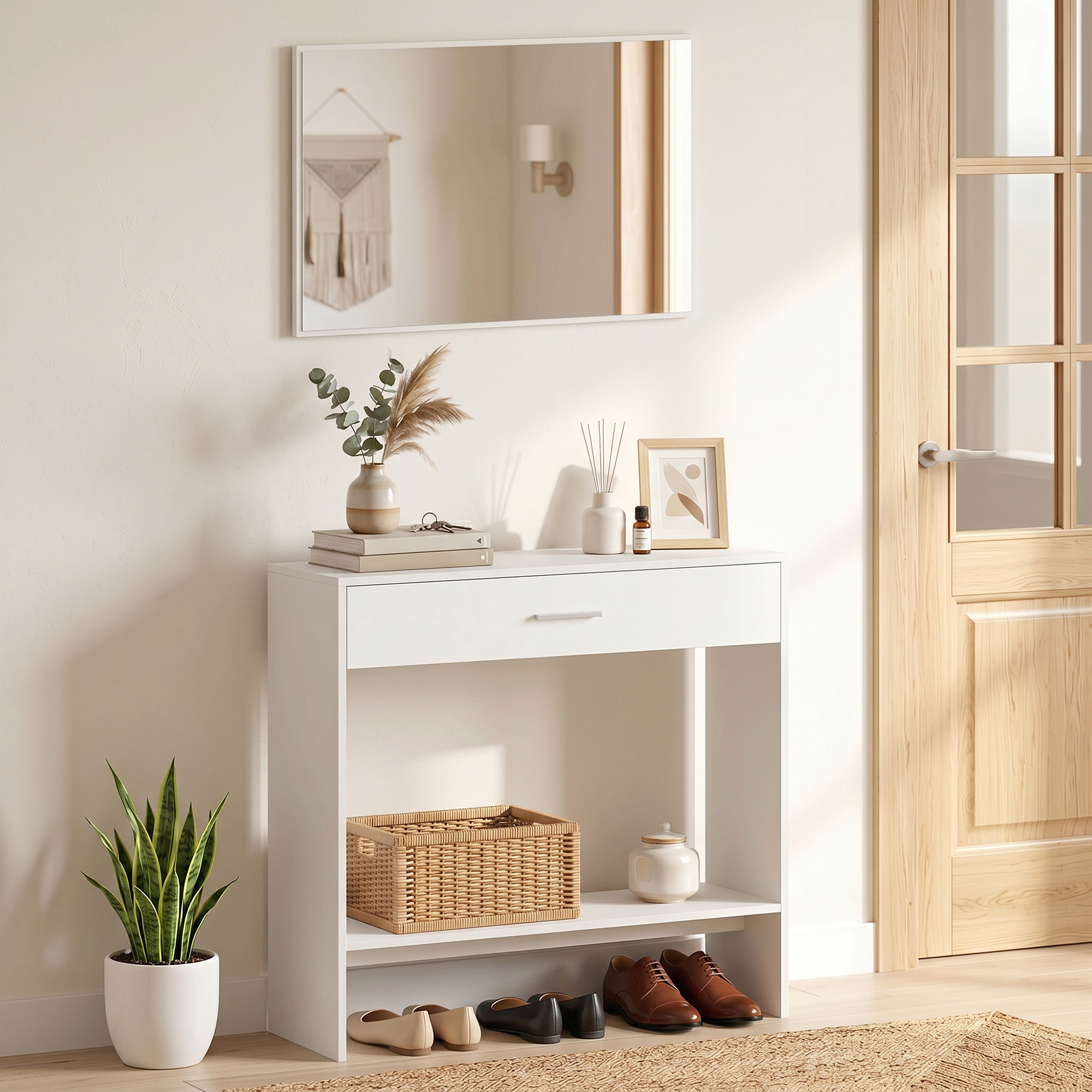 Homcom Mobile da Ingresso con Specchio, Cassetto e Ripiano, 91,5x27,9x85,5 cm, Bianco   Aosom Italy