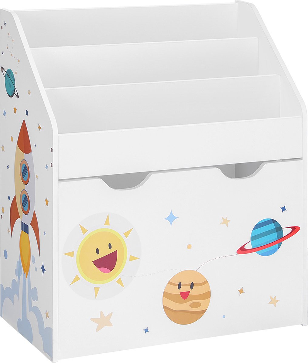 Hoppa! Speelgoedplank en boekenplank voor kinderen met 3 vakken en uittrekbare speelgoeddoos op wielen, wit