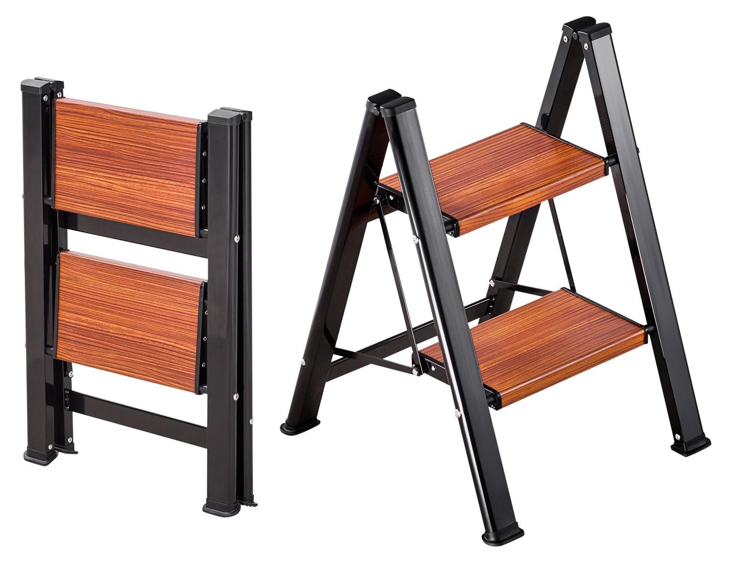 VEVOR 2-traps opvouwbare aluminium trapladder met houtlook en antislip rubberen voeten, zwart, draagvermogen 150 kg
