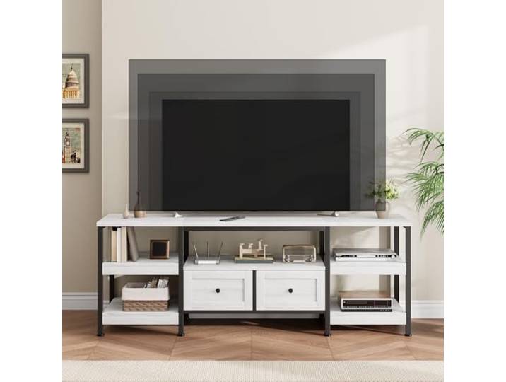 GarveeMore Industrie TV‑Lowboard 160cm für TV bis 75 Zoll 2 Stoffschubladen, offene Ablagen, Metallrahmen, Antikweiß