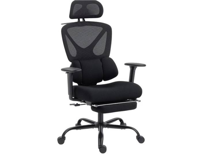 Okwish Drehstuhl Sitzhöhe 75/73/128 cm schwarz aus Kunststoff mit Netzrücken und Fußstütze, Schwarz, 73x128x75 cm, Büromöbel, Bürostühle, Drehstühle