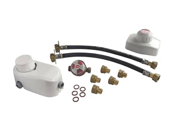 SOMATHERM FOR YOU - B14660 – Druckminderer 1,3 kg/h + Umsteller mit Leisten zum Anschluss von 2 Propan-Flaschen – MM 20/150 grau