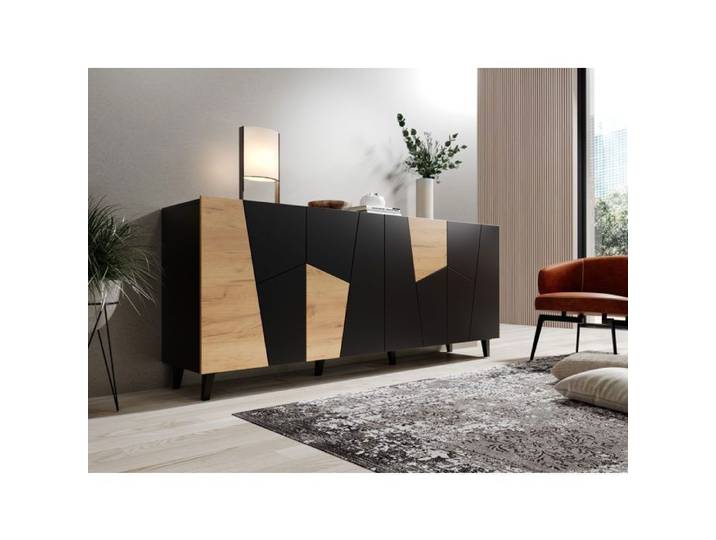 Commode VITRAIL 200 cm - Buffet avec 4 portes - noir mat / chêne craft