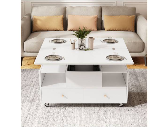 COVREO Table basse relevable extensible avec 4 tiroirs roulettes MDF blanc