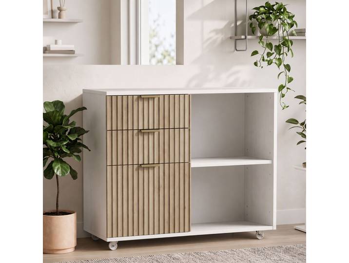 HOMCOM Support Imprimante 3 Tiroirs 2 Étagères Roulettes Blanc Chêne