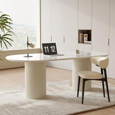 OSFEI "71"" Modern Oval Writing Desk, Glossy White Top with Double Solid Wood Veneer Legs, Multi‑Use as Dining Table"