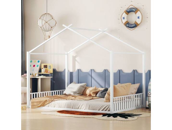 Lit Cabane Enfant - MERAX - 140x200 cm - Métal - Design Maison - Blanc