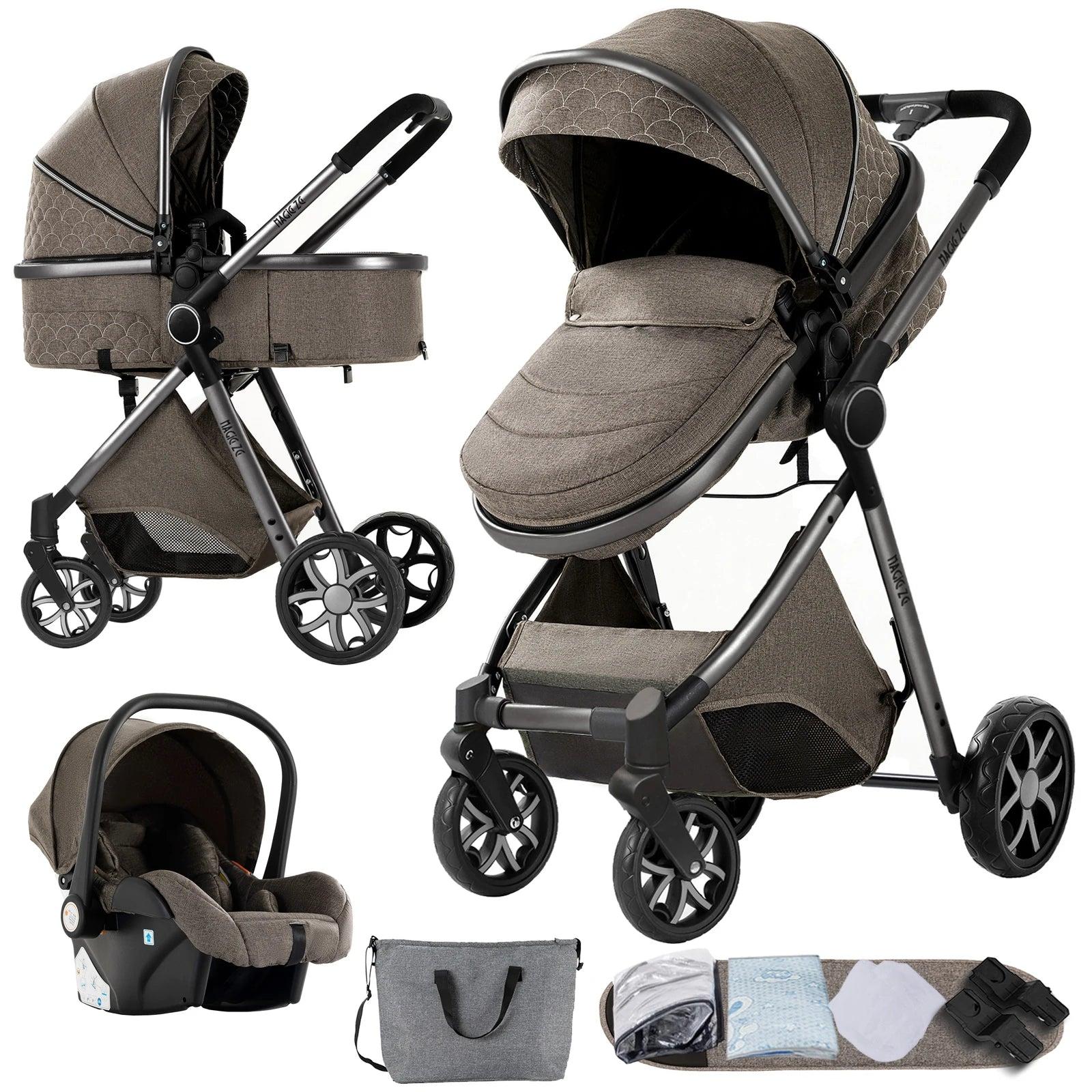 3-in-1 Kinderwagen - Kombi-Kinderwagen - Autositz - Tragewanne - Babybuggy - Farbe: Mokka Braun